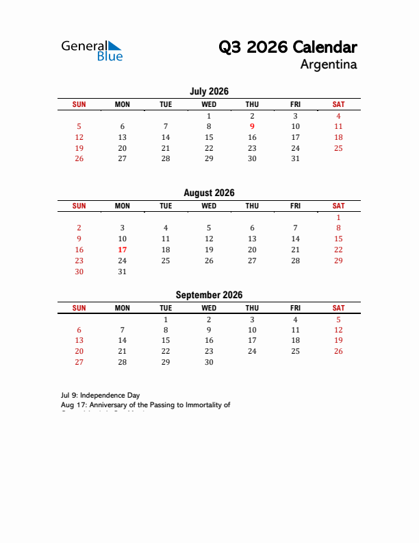 2026 Q3 Calendar with Holidays List for Argentina