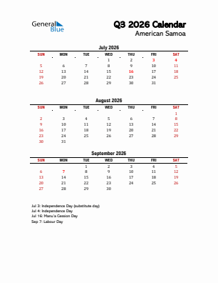 American Samoa Quarter 3  2026 calendar template