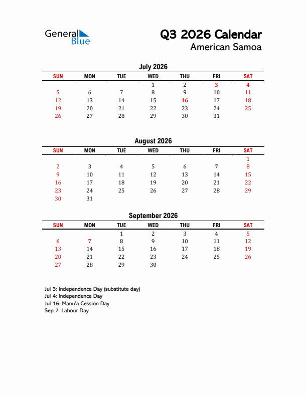 2026 Q3 Calendar with Holidays List for American Samoa