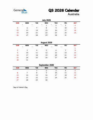 Australia Quarter 3  2026 calendar template