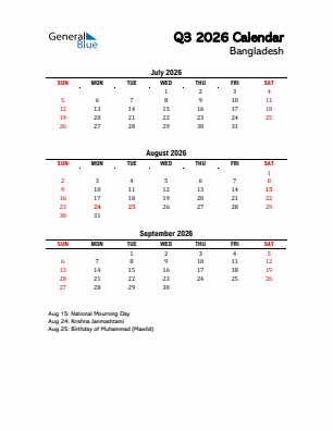 Bangladesh Quarter 3  2026 calendar template