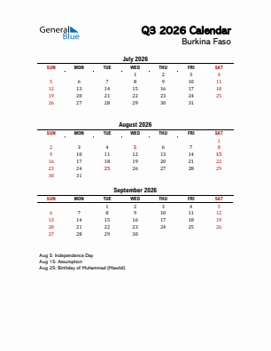 Burkina Faso Quarter 3  2026 calendar template