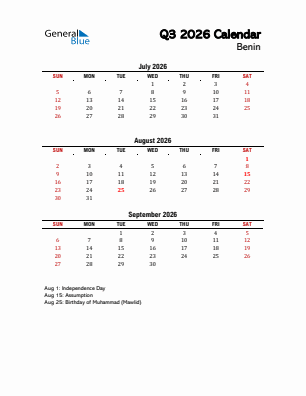 Benin Quarter 3  2026 calendar template