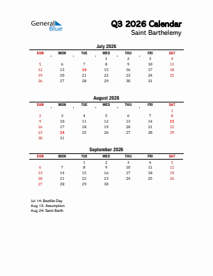 Saint Barthelemy Quarter 3  2026 calendar template