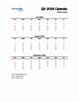Bermuda Quarter 3  2026 calendar template