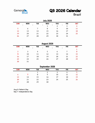 Brazil Quarter 3  2026 calendar template