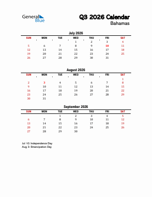Bahamas Quarter 3  2026 calendar template