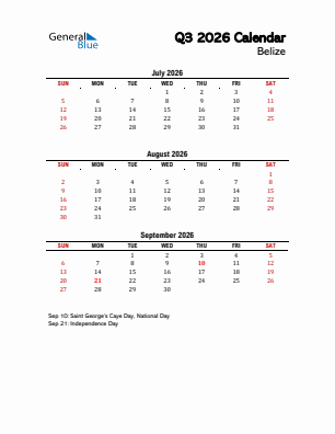 Belize Quarter 3  2026 calendar template