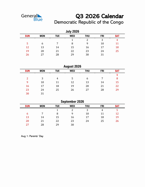 2026 Q3 Calendar with Holidays List for Democratic Republic of the Congo