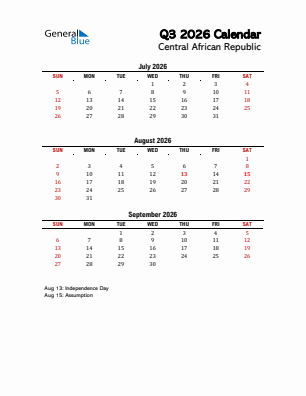 Central African Republic Quarter 3  2026 calendar template