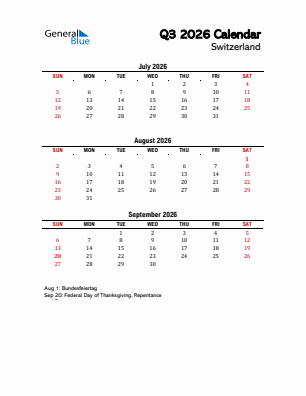 Switzerland Quarter 3  2026 calendar template