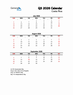 Costa Rica Quarter 3  2026 calendar template