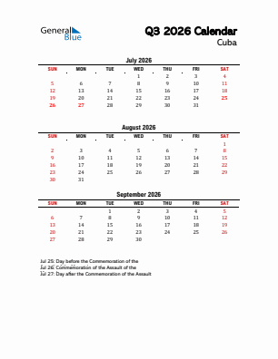 Cuba Quarter 3  2026 calendar template