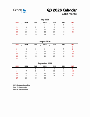 Cabo Verde Quarter 3  2026 calendar template