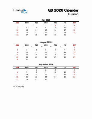 Curacao Quarter 3  2026 calendar template