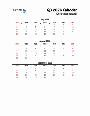 Christmas Island Quarter 3  2026 calendar template