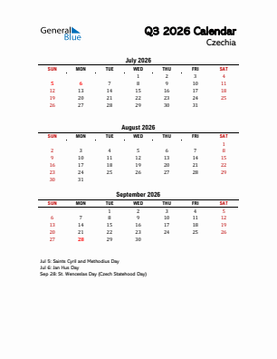 Czechia Quarter 3  2026 calendar template