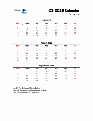 Ecuador Quarter 3  2026 calendar template