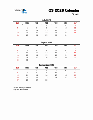 Spain Quarter 3  2026 calendar template