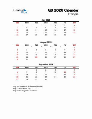 Ethiopia Quarter 3  2026 calendar template
