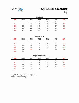 Fiji Quarter 3  2026 calendar template