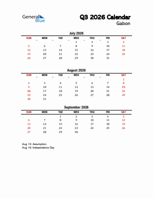 Gabon Quarter 3  2026 calendar template