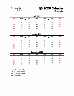 Grenada Quarter 3  2026 calendar template