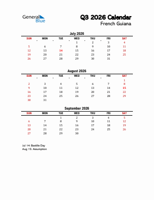 French Guiana Quarter 3  2026 calendar template