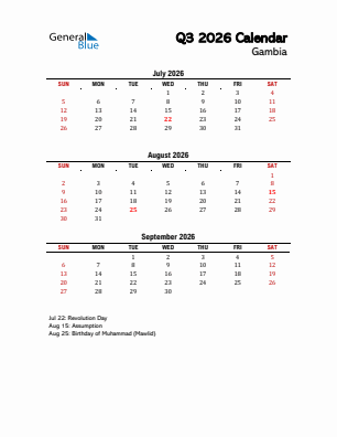 Gambia Quarter 3  2026 calendar template