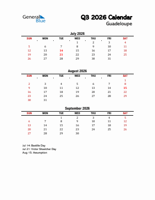 Guadeloupe Quarter 3  2026 calendar template