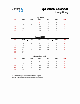 Hong Kong Quarter 3  2026 calendar template