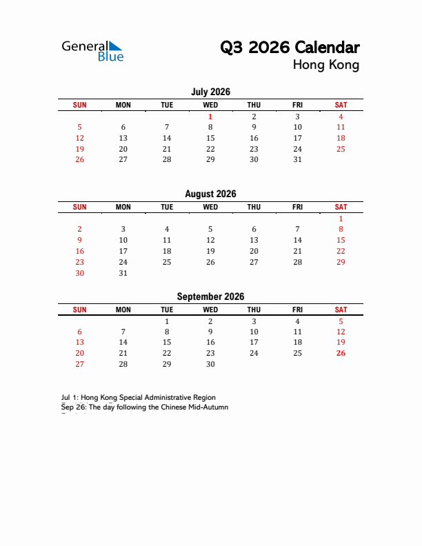 2026 Q3 Calendar with Holidays List for Hong Kong