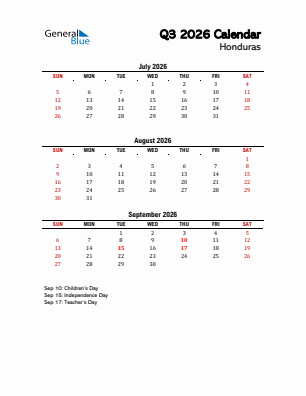 Honduras Quarter 3  2026 calendar template