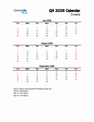 Croatia Quarter 3  2026 calendar template