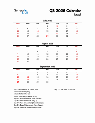 Israel Quarter 3  2026 calendar template