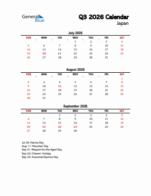 Japan Quarter 3  2026 calendar template