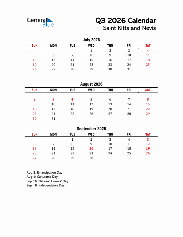 2026 Q3 Calendar with Holidays List for Saint Kitts and Nevis