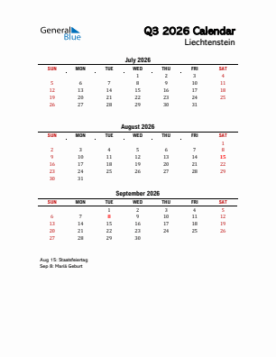 Liechtenstein Quarter 3  2026 calendar template
