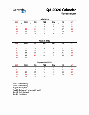 Montenegro Quarter 3  2026 calendar template