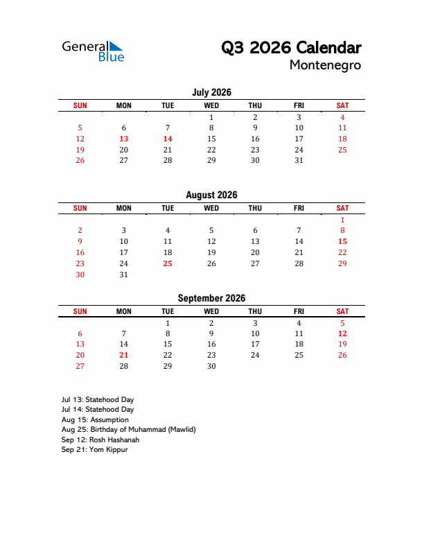 2026 Q3 Calendar with Holidays List for Montenegro