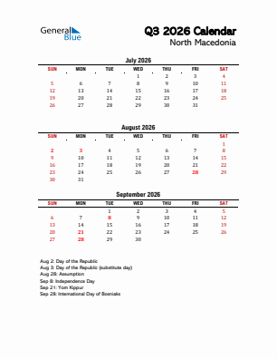 North Macedonia Quarter 3  2026 calendar template
