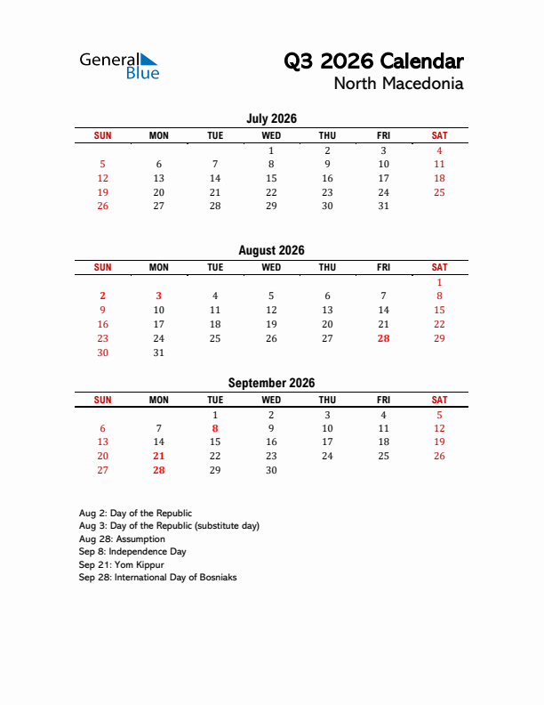 2026 Q3 Calendar with Holidays List for North Macedonia