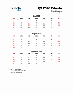 Martinique Quarter 3  2026 calendar template