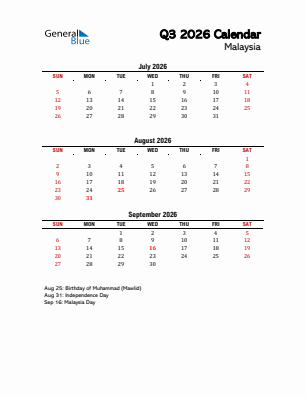 Malaysia Quarter 3  2026 calendar template