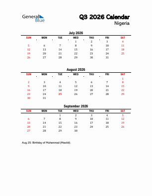 Nigeria Quarter 3  2026 calendar template