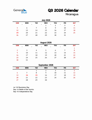 Nicaragua Quarter 3  2026 calendar template
