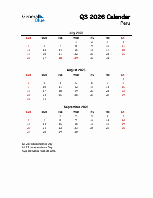 Peru Quarter 3  2026 calendar template