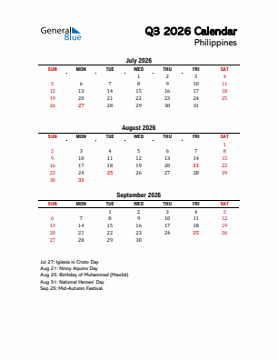 Philippines Quarter 3  2026 calendar template