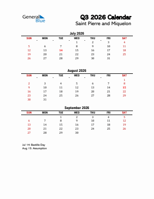 Saint Pierre and Miquelon Quarter 3  2026 calendar template