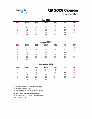 Puerto Rico Quarter 3  2026 calendar template